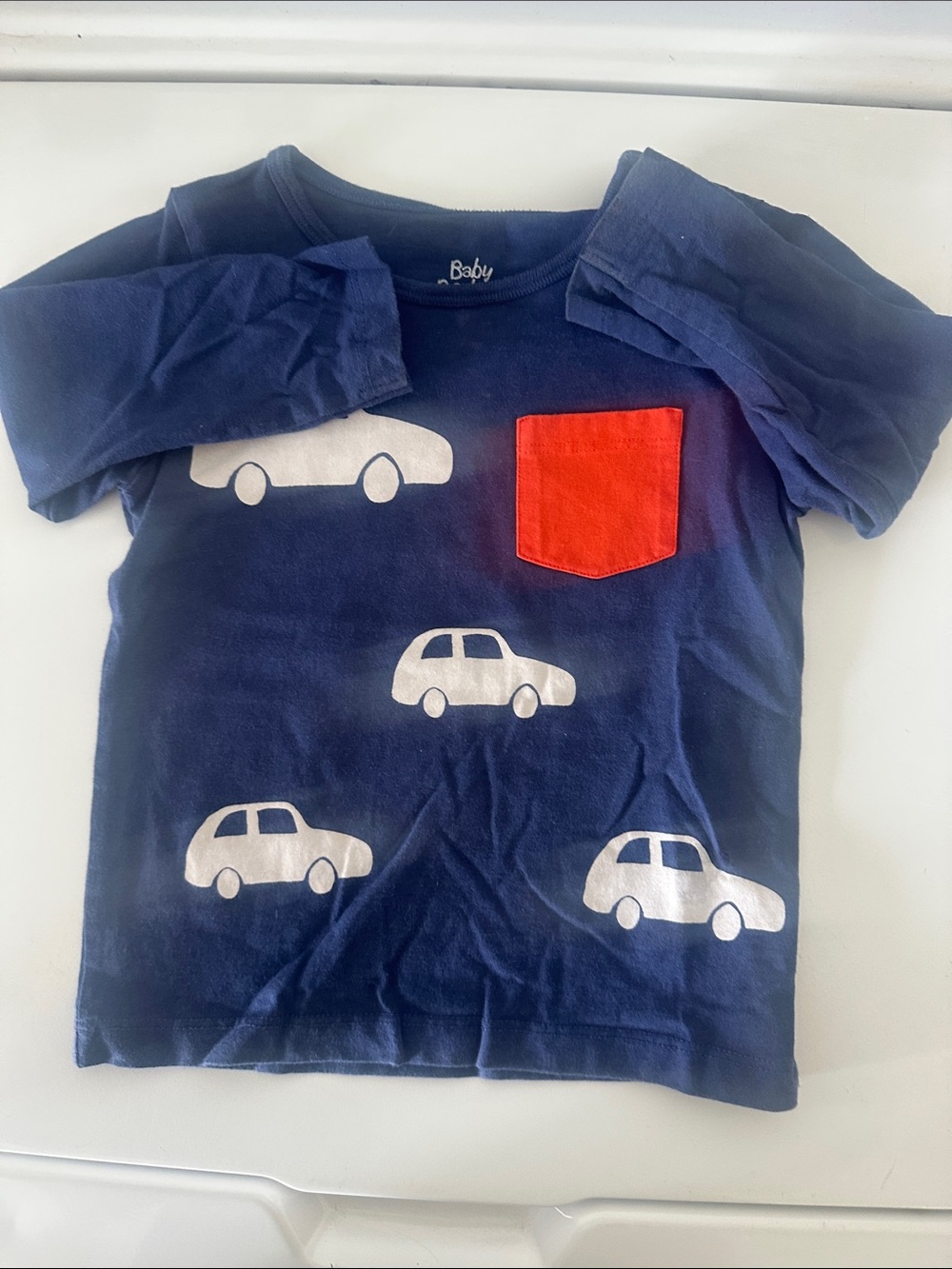 Baby Boden Navy Blue Car Pocket Tee with Orange Accent